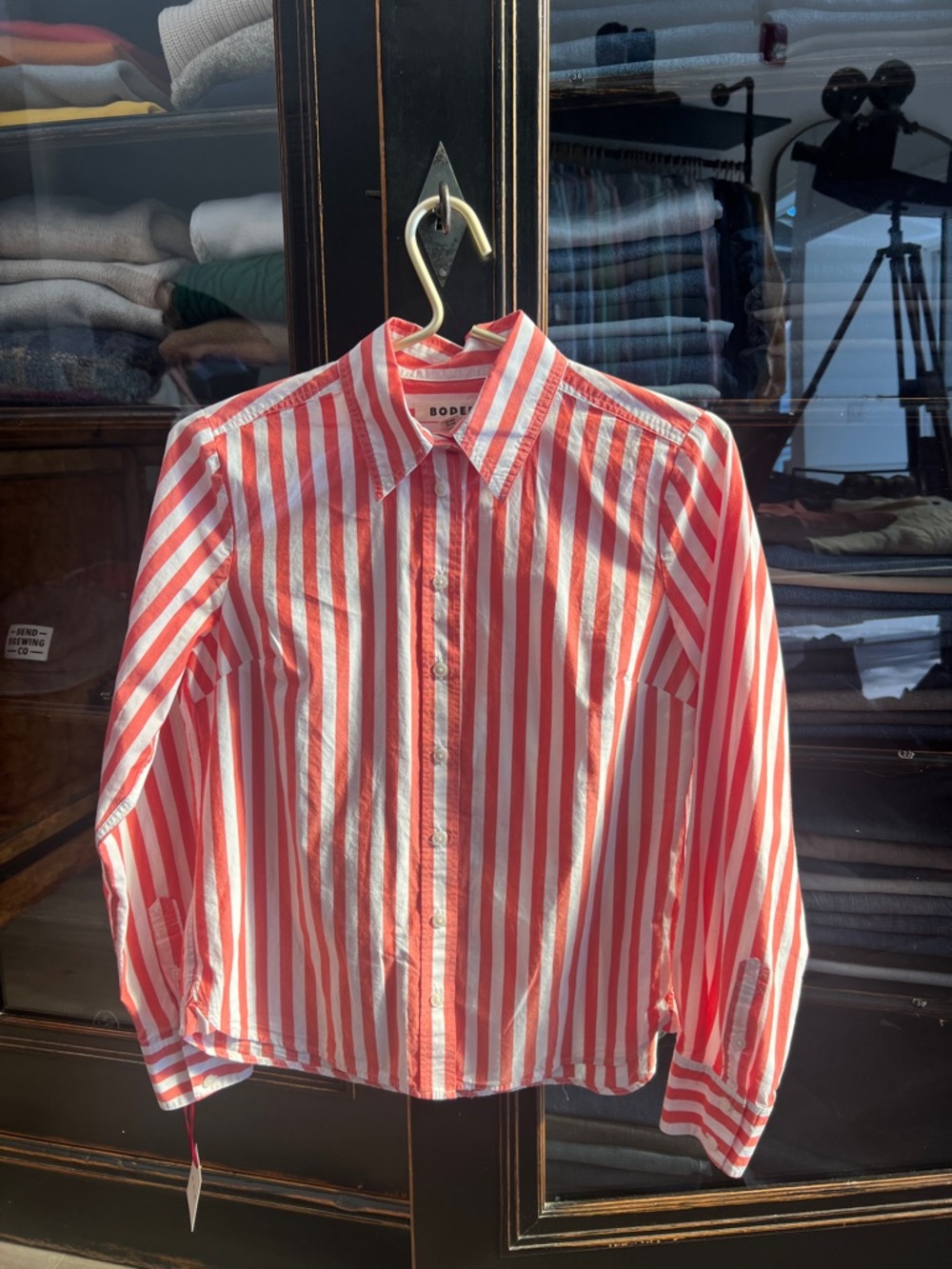 Boden Red and White Vertical Stripe Cotton Button-Down Women’s Shirt
